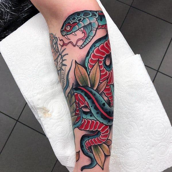 Neo-traditional tattoo of a blue and red snake slithering through leaves, featuring bold outlines, intricate shading, and striking color contrasts.