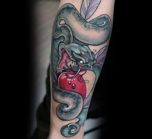 Neo-traditional tattoo of a dark snake coiled around a red apple, with bold shading and intricate details creating a striking and symbolic design.
