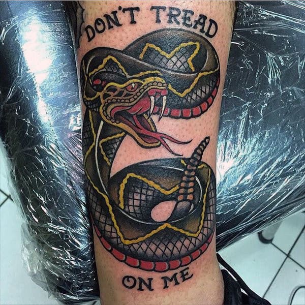 Neo Traditional Style Snake And Dont Tread On Me Text Leg Tattoo For Gentlemen