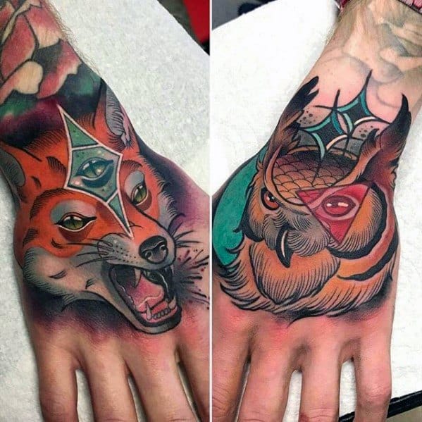 Neo Traditional Unique Hand Owl And Fox Tattoos For Men