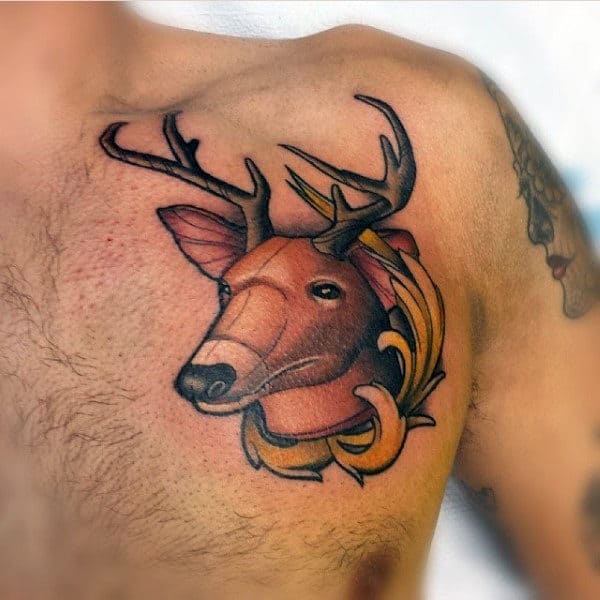 Neo Traditional Upper Chest Antler Tattoo For Men