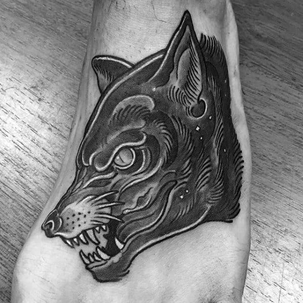 Neo Traditional Wolf Coolest Small Guys Foot Tattoos