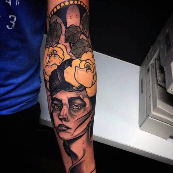 Neo Traditional Yellow Rose And Lady Tattoo Mens Forearms