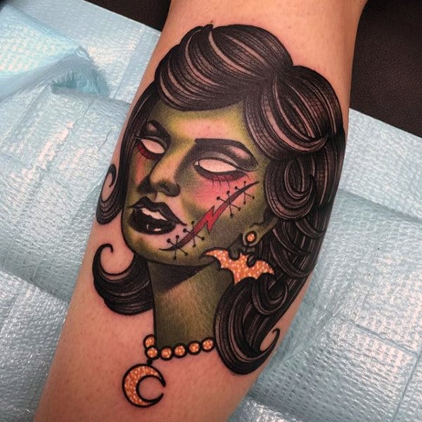 Neo Traditional Zombie Female Tattoo On Mans Forearm