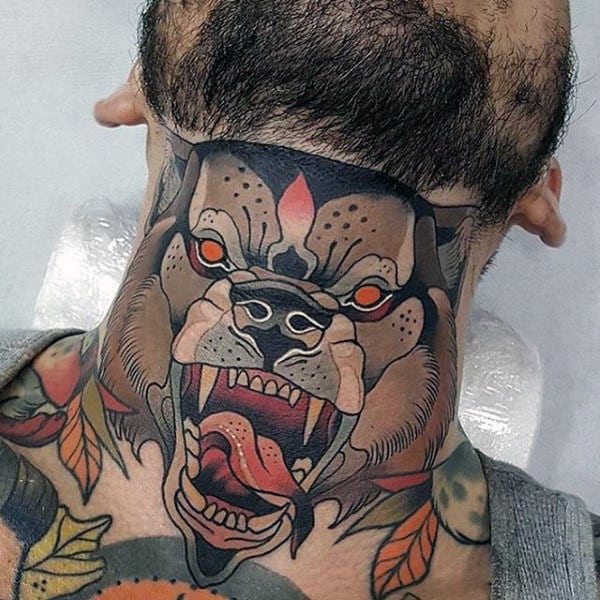 Neo Traditonal Artistic Mens Wolf Neck Tattoos