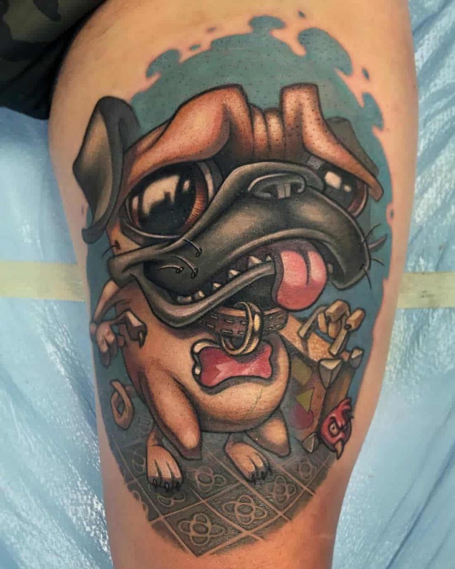 Neotraditional Color Pug Thigh Tattoo Womens