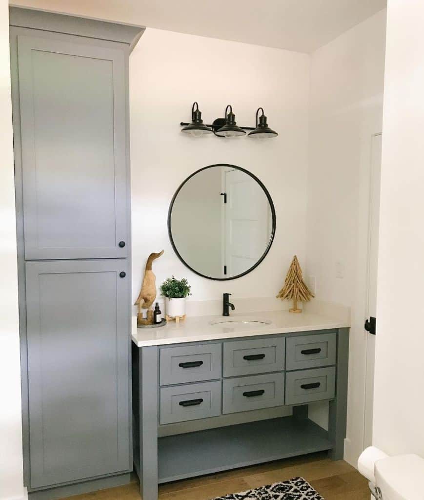 simple bathroom gray cabinet and vanity duck statue
