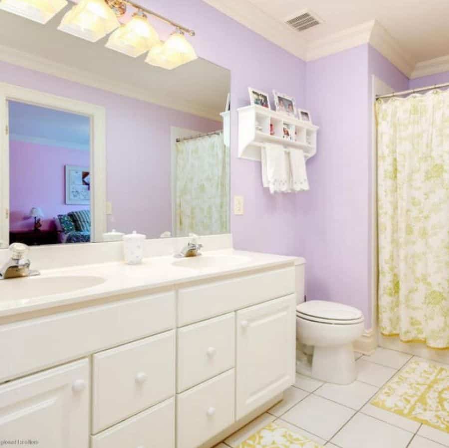 purple wall bathroom large white vanity