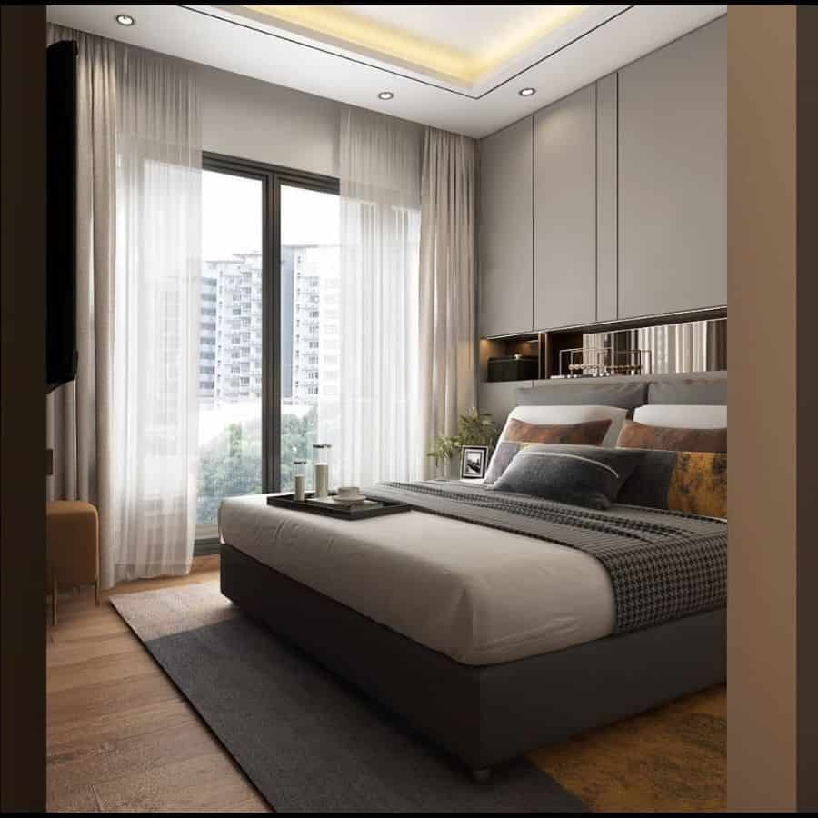 neutral modern apartment bedroom 