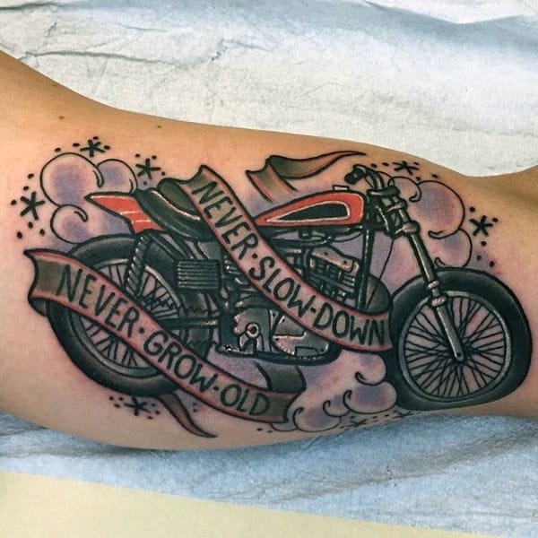 Never Slow Down Never Grow Old Harley Davidson Tattoos For Men On Bicep