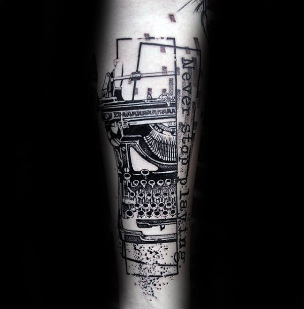 Never Stop Playing Typewriter Leg Tattoo On Male