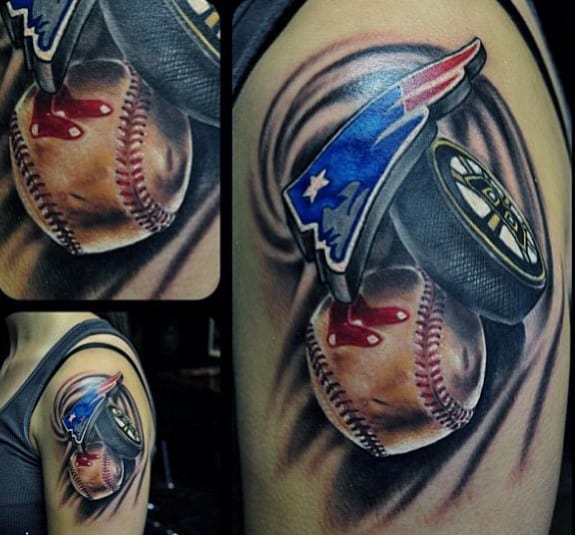 New England Patriots Themed Guys Upper Arm Tattoos