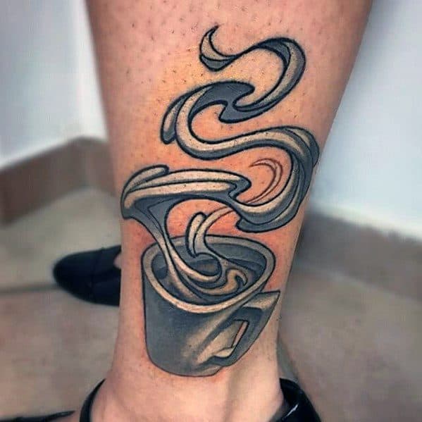 New School 3d Coffee Cup Male Side Of Leg Tattoo Ideas