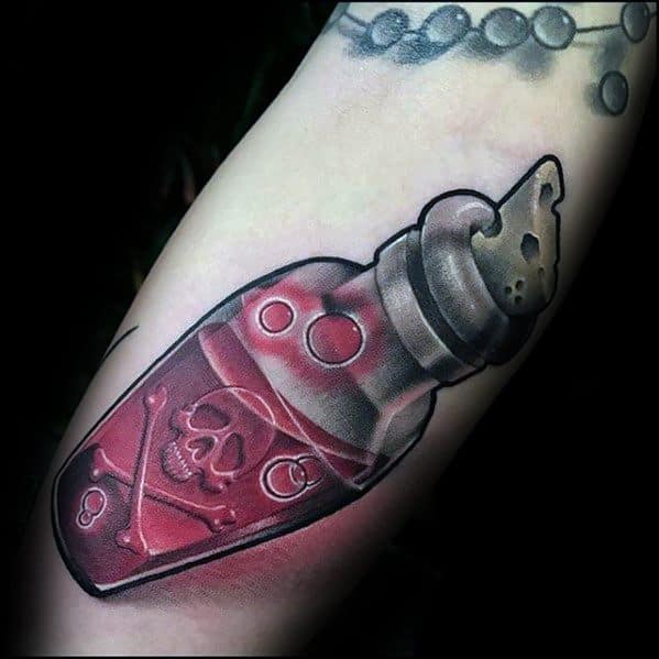 New School 3d Forearm Poison Bottle Male Rad Tattoo Ideas