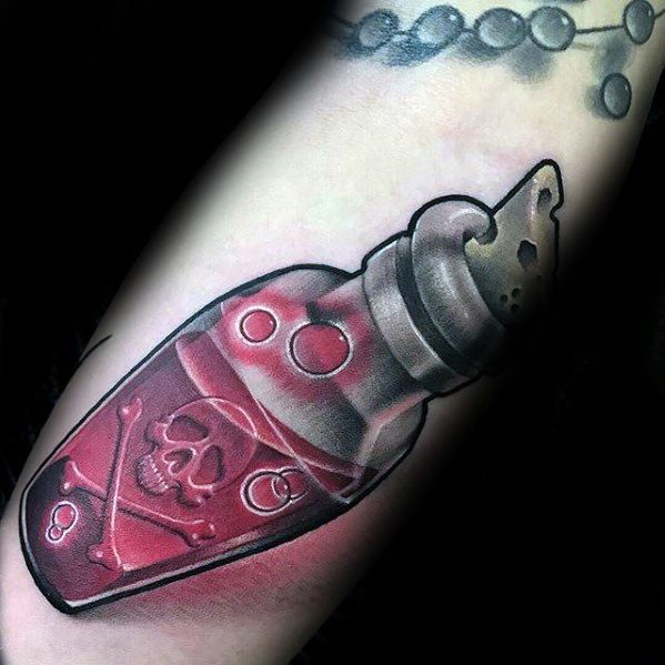 New School 3d Guys Red Poison Bottle Tattoos