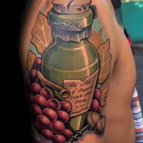 New School 3d Quarter Sleeve Mens Tattoo Wine Design