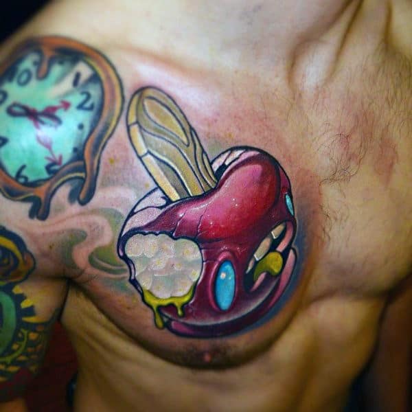 New School Bitten Apple Tattoo Male Chest