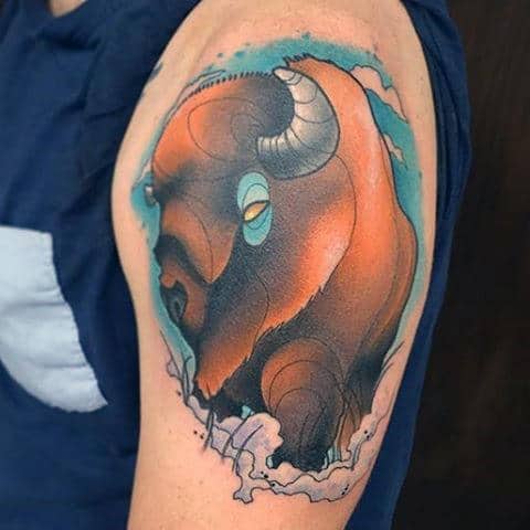 New School Cartoon Style Mens Upper Arm Bison Tattoos