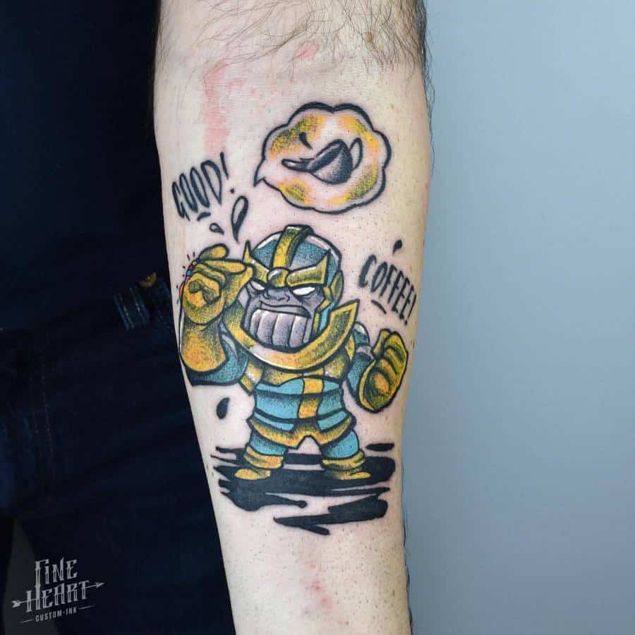 Funny cartoon Thanos tattoo snapping his fingers for coffee, with a thought bubble of a steaming cup and the words 'Good! Coffee!
