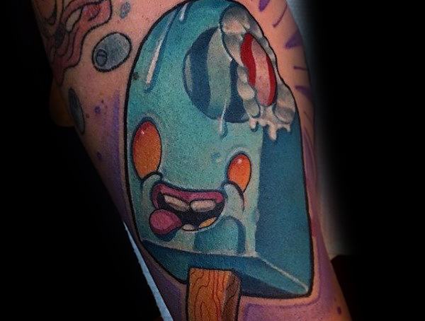 New school tattoo of a cartoonish blue popsicle with exaggerated features, bold outlines, and vibrant colors for a playful and dynamic design.
