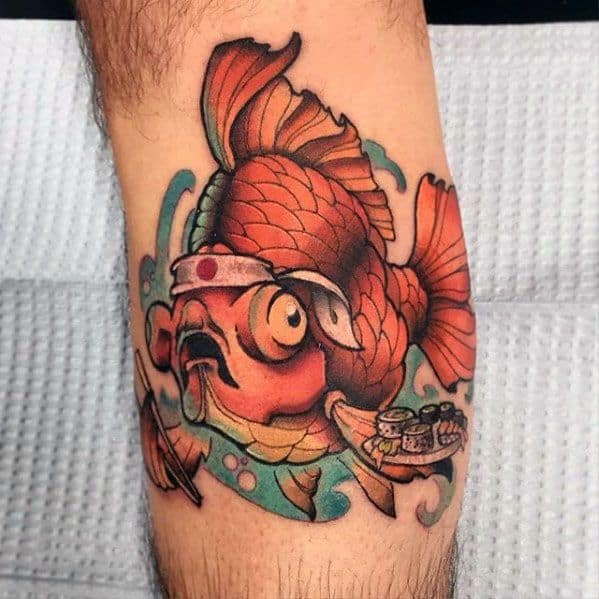 New School Fish Sushi Guys Leg Tattoos