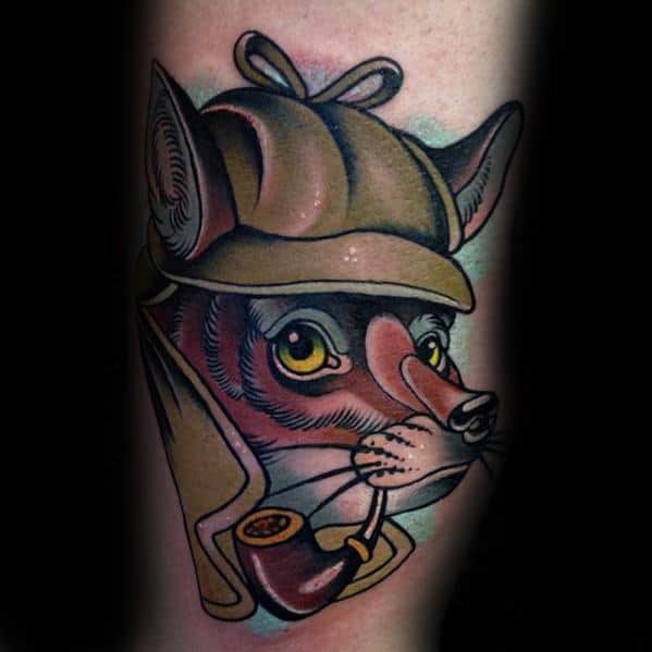 Tattoo of a fox as Sherlock Holmes, wearing a detective hat and smoking a pipe