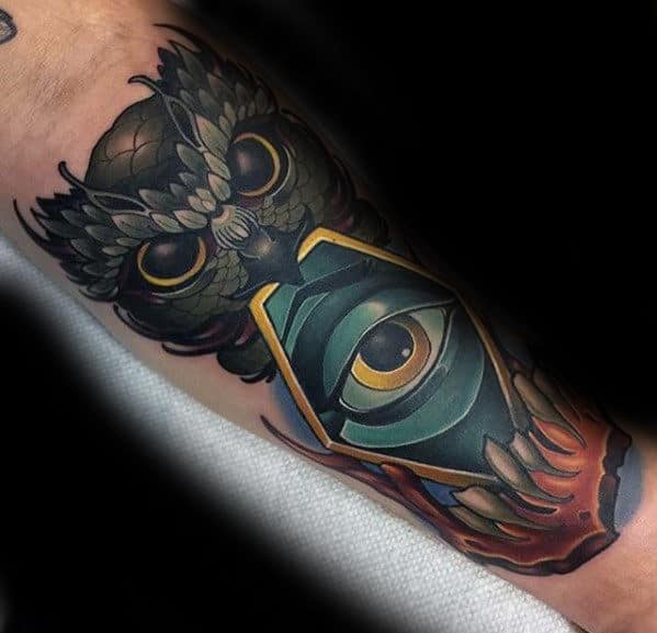 New School Guys Different Eye With Owl Tattoo On Arm