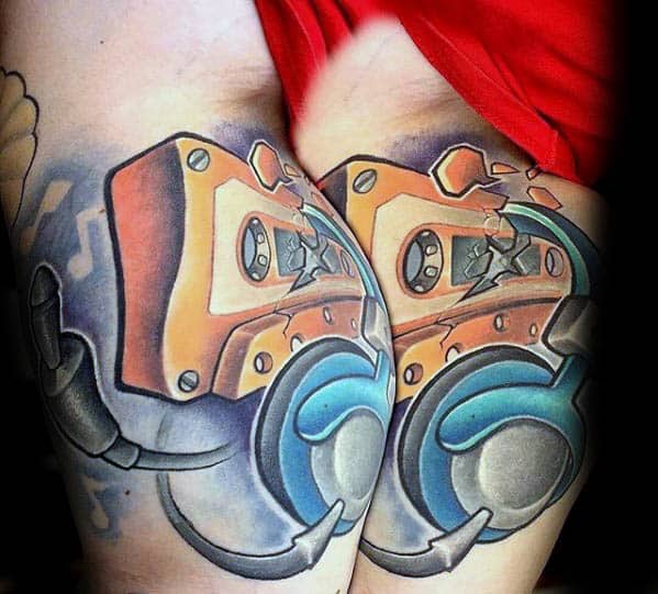New School Headphones With Cassette Tape Guys Inner Arm Tattoo Designs