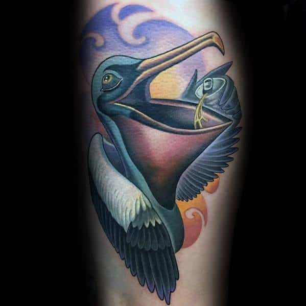 New School Leg Guy With Pelican Tattoo Design