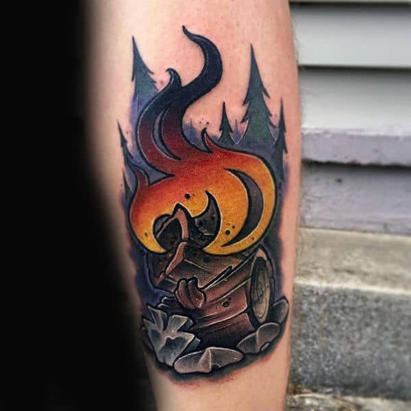 New School Logs On Fire Mens Forearm Tattoo