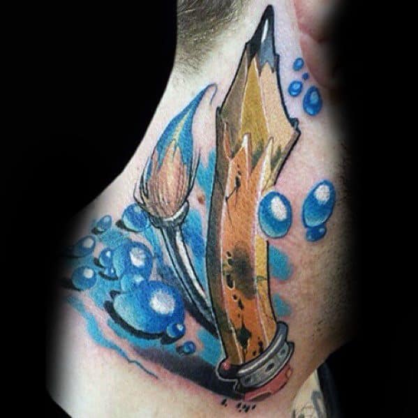 Tattoo of a broken pencil and brush, surrounded by water bubbles and waves, combining artistic tools with a dynamic underwater scene in vibrant colors.