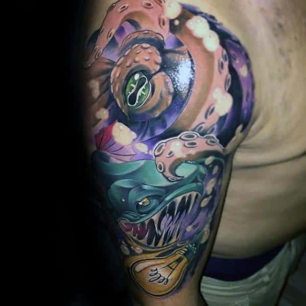 New School Mens Cool Angler Fish Tattoo Ideas Half Sleeve