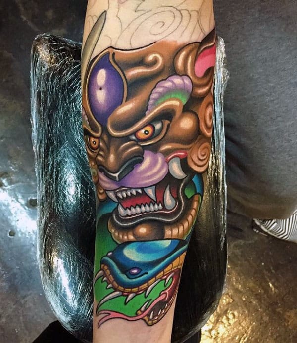 New School Mens Foo Dog Colorful Sleeve Tattoos