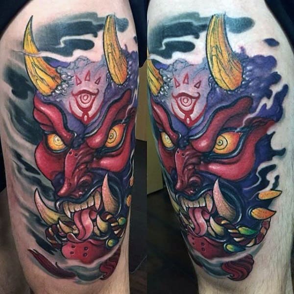 New School Mens Hannya Mask Thigh Tattoo