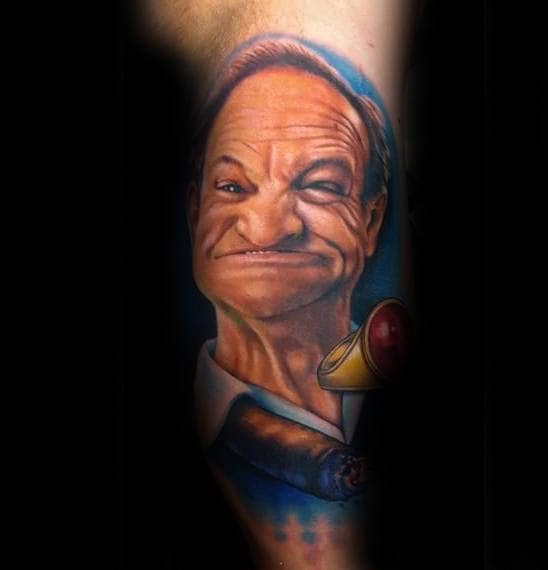 New School Mens Portrait Grandpa Tattoo On Leg