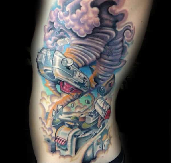 New School Mens Tornado Themed Rib Cage Side Tattoo