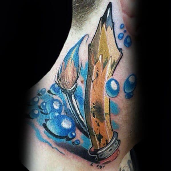 A tattoo of a paintbrush and pencil surrounded by blue bubbles elegantly adorns the person's neck