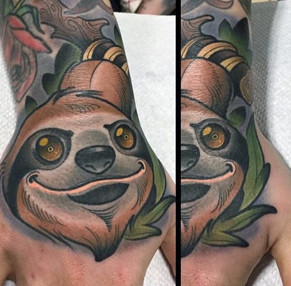 New School Sloth Mens Hand Tattoo Designs