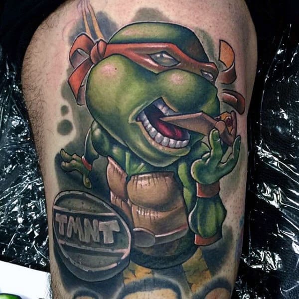 New School Teenage Mutant Ninja Turtles Male Thigh Tattoo