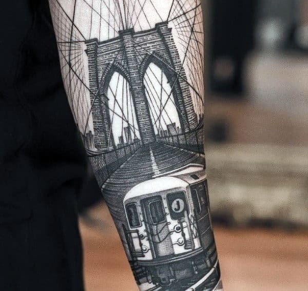 New York Bridge Guys Forearm Sleeve Tattoo Ideas