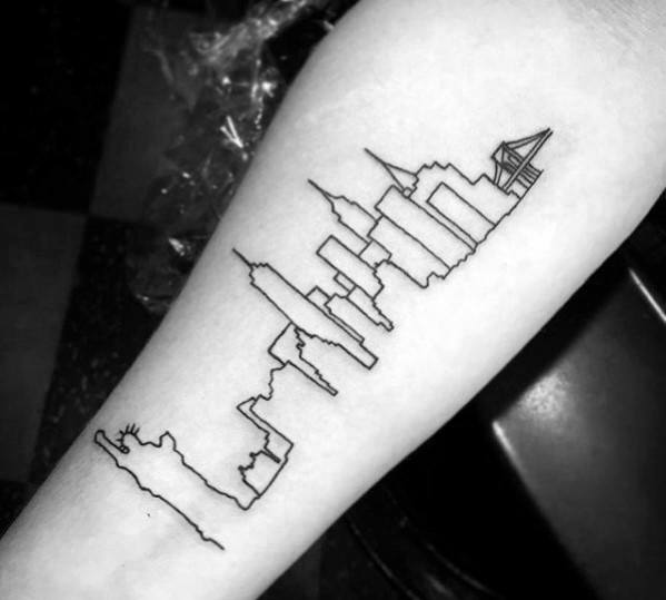 New York City Skyline Black Ink Outline Mens Inner Forearm Tattoo