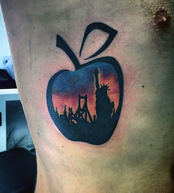New York City Skyline Mens Apple Rib Cage Side Tattoos
