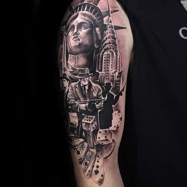 New York City Themed Male Gangster Arm Tattoo Design Inspiration