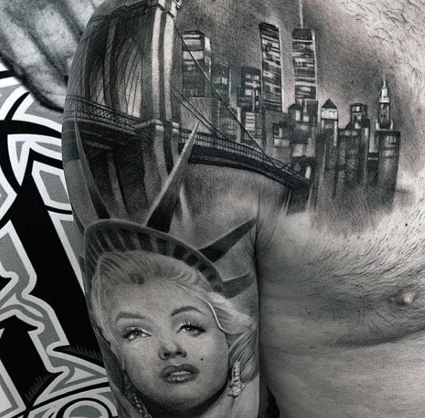 New York City Themed Mens Detailed Upper Chest And Arm Tattoos