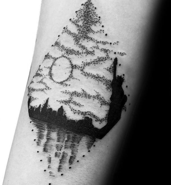 Blackwork tattoo of New York City skyline and Statue of Liberty in a teardrop shape with dotwork sky, sun, and reflection effect.