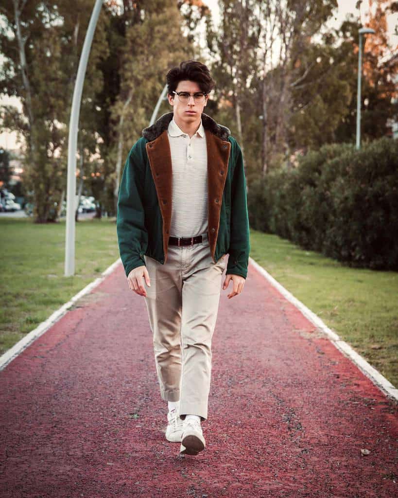 green and brown corduroy white polo beige pants with eyeglass