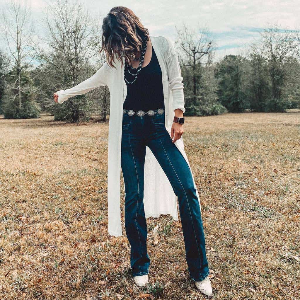 white long sleeve top denim pants country fashion