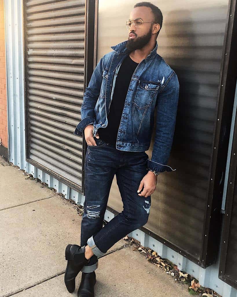 denim jacket under black shirt and ripped jeans with eyeglass outfit