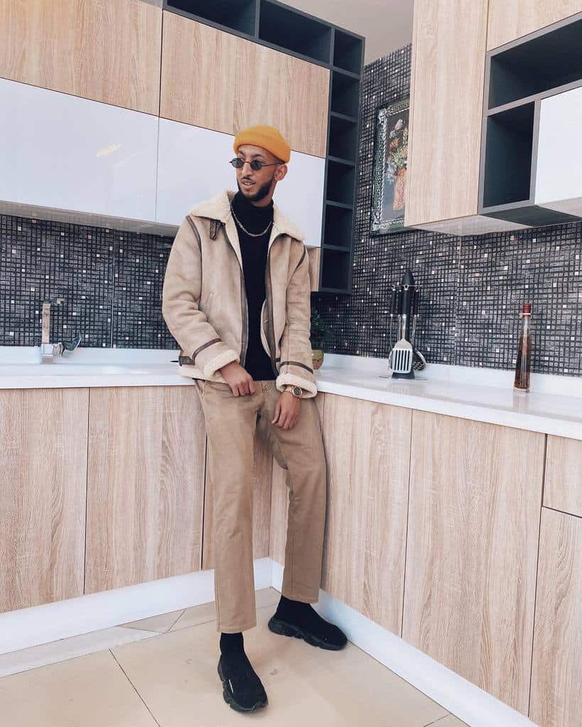 nice beige jacket and pants with cool bonnet