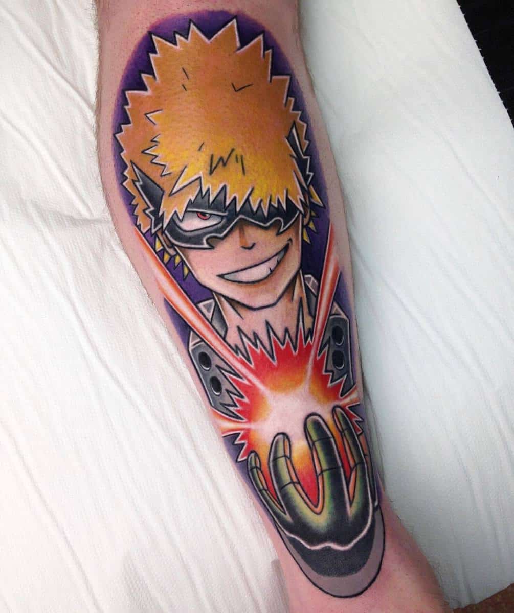 Tattoo of an anime character with spiky yellow hair holding a glowing sphere
